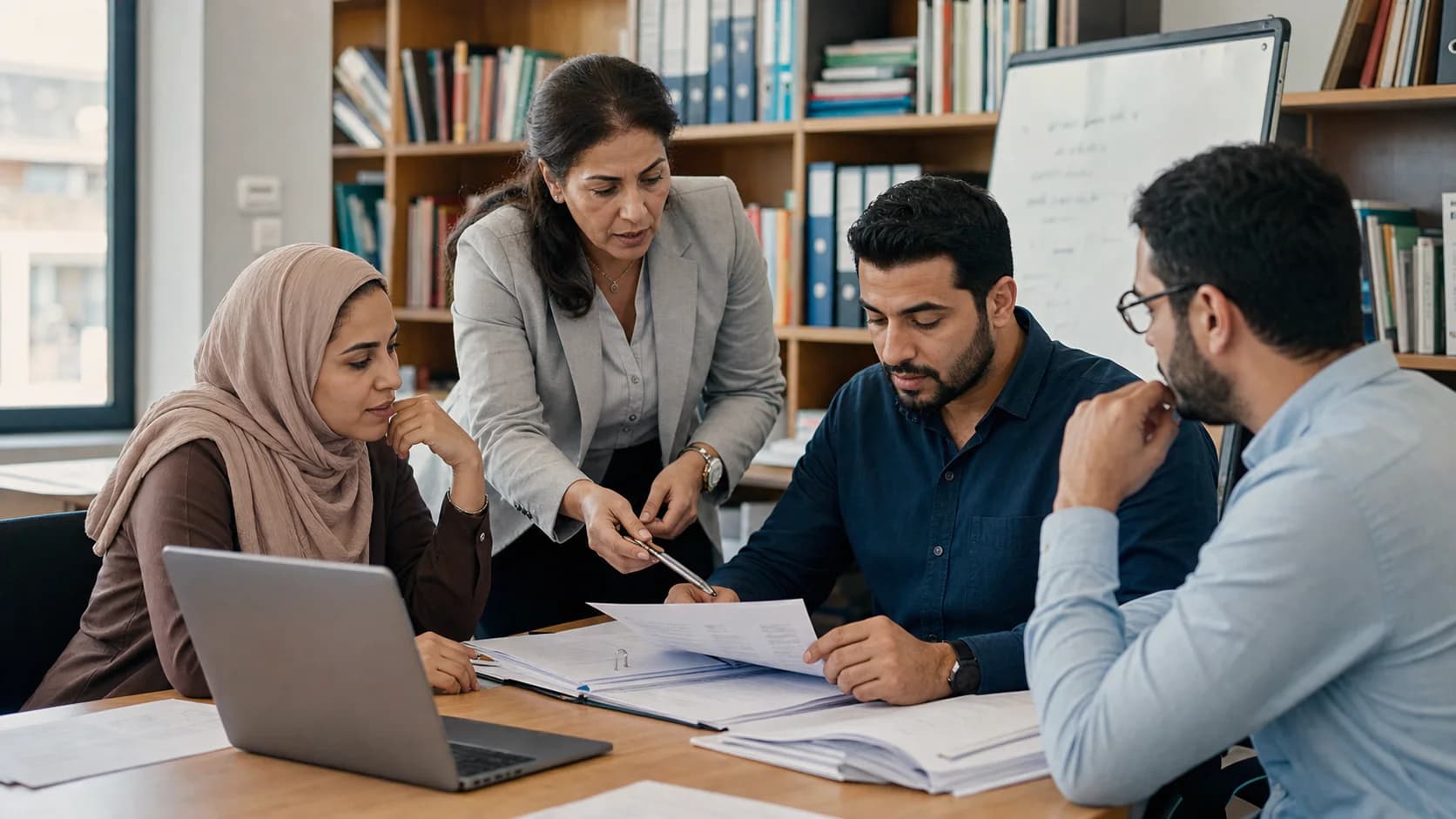 فريق يراجع وثائق الشركة ضمن جلسة معرفة داخلية
